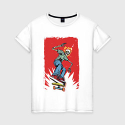 Женская футболка Fire skull Skateboarding man on a red background E