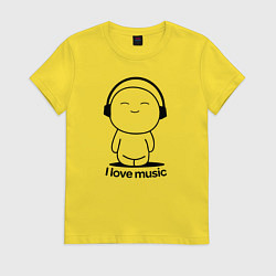 Футболка хлопковая женская Я Люблю Музыку I love Music, цвет: желтый