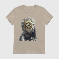 Футболка хлопковая женская Кот - пилот The pilot Cat, цвет: миндальный