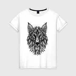 Футболка хлопковая женская TRIBAL MANDALA FOX ПЛЕМЕННАЯ ЛИСА МАНДАЛА, цвет: белый