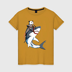 Футболка хлопковая женская Опоссум верхом на акуле, цвет: горчичный