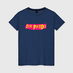 Футболка хлопковая женская Sex Pistols Yellow-Pink Logo, цвет: тёмно-синий