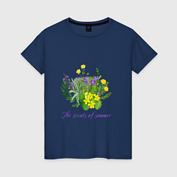 Футболка хлопковая женская Ароматы лета полевые цветы лето, цвет: тёмно-синий