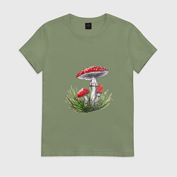 Футболка хлопковая женская Мухоморы в траве, цвет: авокадо