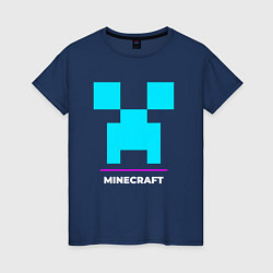 Футболка хлопковая женская Символ Minecraft в неоновых цветах, цвет: тёмно-синий