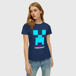 Футболка хлопковая женская Символ Minecraft в неоновых цветах, цвет: тёмно-синий — фото 2