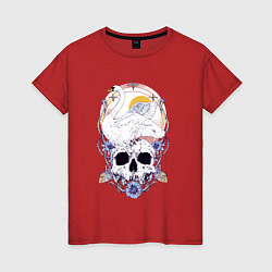 Женская футболка Лебедь солнце цветы и череп Герб