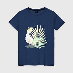 Женская футболка Белый попугай с хохолком на фоне листьев пальмы