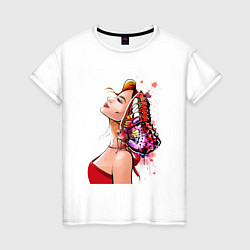 Женская футболка Девушка в красном и бабочка
