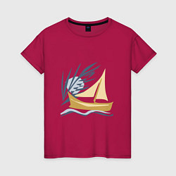 Футболка хлопковая женская Парусник в океане, цвет: маджента