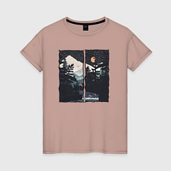 Женская футболка Оранжевая луна и медведь рыбак