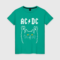 Футболка хлопковая женская AC DC rock cat, цвет: зеленый