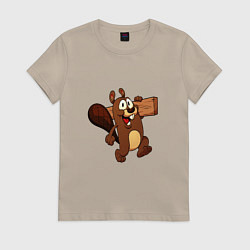 Футболка хлопковая женская Бобер несет брус, цвет: миндальный