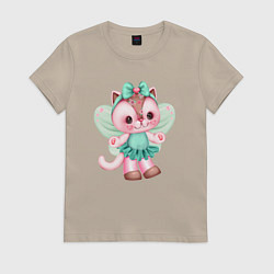 Футболка хлопковая женская Волшебная кошечка, цвет: миндальный