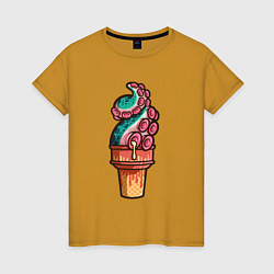 Футболка хлопковая женская Мороженое осьминог, цвет: горчичный