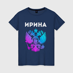 Женская футболка Ирина и неоновый герб России: символ и надпись