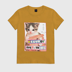 Футболка хлопковая женская Destroy everything kitty, цвет: горчичный