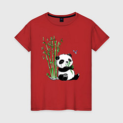 Футболка хлопковая женская Панда бамбук и стрекоза, цвет: красный