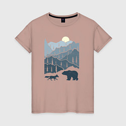 Женская футболка Лиса и медведь в горах