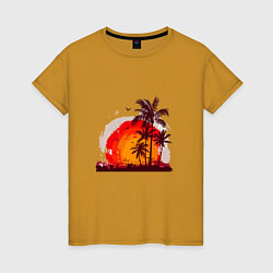 Футболка хлопковая женская Пальмы на фоне заката, цвет: горчичный