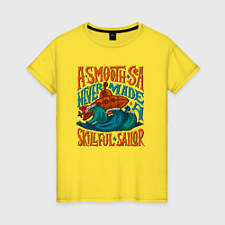 Футболка хлопковая женская Подводная лодка и волны, цвет: желтый