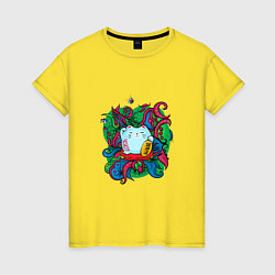 Футболка хлопковая женская Кошечка манеки неко приносящая удачу с орнаментом, цвет: желтый