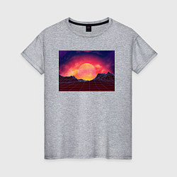 Футболка хлопковая женская 3D неоновые горы на закате, цвет: меланж