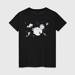 Футболка хлопковая женская Белые медведи в космосе, цвет: черный