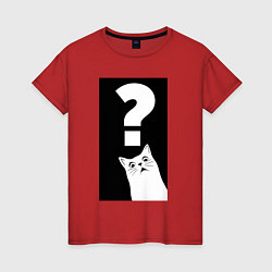 Футболка хлопковая женская Недоумённый котяра - знак вопроса, цвет: красный