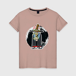 Женская футболка Мультяшная ведьма с черепом и котом Хэллоуин