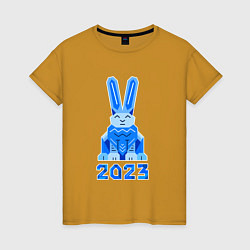 Футболка хлопковая женская Геометрический синий кролик 2023, цвет: горчичный