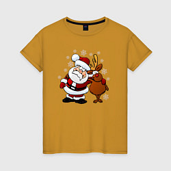 Футболка хлопковая женская Санта и олень, цвет: горчичный