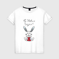 Женская футболка Кролик с подарком Поздравление с Новым годои