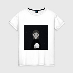 Женская футболка Девочка с луной в руке на фоне звёздного неба