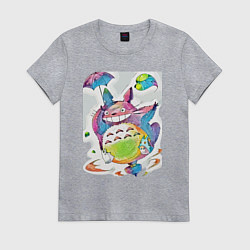 Футболка хлопковая женская Тоторо летит по воздуху, цвет: меланж