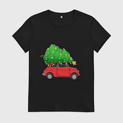 Женская футболка Новогодняя машина с праздничной елкой