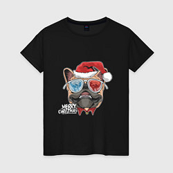 Футболка хлопковая женская Pug christmas, цвет: черный