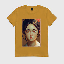 Футболка хлопковая женская Прекрасная девушка азиатской внешности, цвет: горчичный