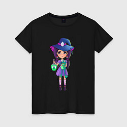 Женская футболка Милая девочка ведьма с другом лягушкой