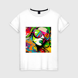 Женская футболка Женское лицо в солнцезащитных очках, граффити поп