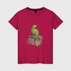Женская футболка Зеленый попугай на сундуке с сокровищами
