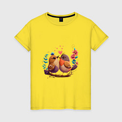 Футболка хлопковая женская Влюбленные птички арт, цвет: желтый