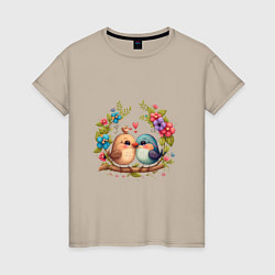 Женская футболка Влюбленные птички на ветке арт