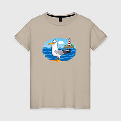 Женская футболка Мультяшная чайка на фоне маяка