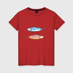 Футболка хлопковая женская Две пятнистые рыбы, цвет: красный