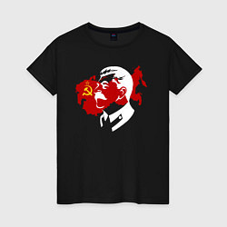 Футболка хлопковая женская Сталин на фоне СССР, цвет: черный