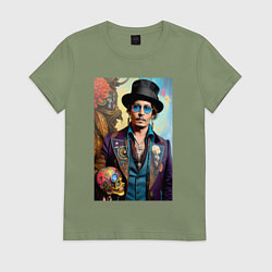 Футболка хлопковая женская Джонни Депп - нейросеть - стимпанк, цвет: авокадо