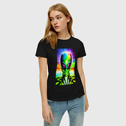 Футболка хлопковая женская Alien - neural network - neon glow - pop art, цвет: черный — фото 2