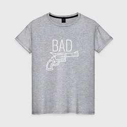 Футболка хлопковая женская Bad надпись с револьвером, цвет: меланж