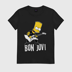 Футболка хлопковая женская Bon Jovi Барт Симпсон рокер, цвет: черный